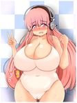  belly blush breasts cameltoe cleavage commentary_request covered_navel headphones huge_breasts leotard looking_at_viewer meat_day nitroplus no-biru open_mouth pink_eyes pink_hair plump solo super_sonico sweat swimsuit tearing_up v 