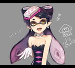  akayan aori_(splatoon) black_dress black_hair breasts cleavage collarbone domino_mask dress earrings jewelry mask open_mouth pointy_ears small_breasts solo splatoon_(series) splatoon_1 strapless strapless_dress tentacle_hair yellow_eyes 