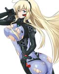  ass blonde_hair blue_eyes blush bodysuit breasts choker commentary_request covered_nipples cowboy_shot emblem eyebrows eyebrows_visible_through_hair glowing hairband hand_on_hip highres irisdina_bernhard large_breasts long_hair looking_at_viewer motion_blur muvluv number pilot_suit schwarzesmarken skin_tight smile snow snowing solo standing takara_joney torn_bodysuit torn_clothes very_long_hair wind 