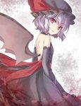  alternate_costume asa_(coco) back back_cutout bat_wings black_dress black_gloves dress elbow_gloves gloves hair_ribbon hat lavender_hair looking_at_viewer looking_back mob_cap pointy_ears red_eyes remilia_scarlet ribbon sash short_hair solo touhou wings 