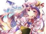  bad_id bad_twitter_id blush book bow capelet crescent dutch_angle hair_bow hat long_hair long_sleeves looking_at_viewer mob_cap patchouli_knowledge purple_eyes purple_hair solo sweetroad touhou upper_body wide_sleeves 