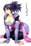  black_hair breasts brown_eyes cleavage collarbone fujibayashi_shiina gloves highres large_breasts long_hair looking_away ponytail simple_background sitting solo tales_of_(series) tales_of_symphonia torabiyori white_background 