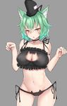  :o animal_ears ass_visible_through_thighs bell bell_choker black_bra black_panties blush bra breasts cat_cutout cat_ear_panties cat_ears cat_lingerie choker cleavage cleavage_cutout fang green_hair grey_background hat impossible_clothes jingle_bell kemonomimi_mode large_breasts looking_at_viewer meme_attire navel nyakonro_(nekonro) open_mouth panties paw_pose short_hair side-tie_panties simple_background soga_no_tojiko solo tate_eboshi touhou underwear underwear_only yellow_eyes 