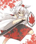  animal_ears bare_shoulders detached_sleeves hat inubashiri_momiji kaginoni leaf looking_at_viewer maple_leaf pom_pom_(clothes) red_eyes shield short_hair silver_hair solo sword tail tokin_hat touhou weapon wide_sleeves wolf_ears wolf_tail 