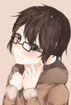  bad_id bad_pixiv_id blush brown_eyes brown_hair glasses highres hplay looking_at_viewer original scratching_cheek short_hair solo upper_body wavy_mouth 