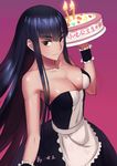  absurdres apron artist_name bangs bare_arms bare_shoulders birthday_cake black_dress black_eyes black_hair blunt_bangs breasts cake cleavage collarbone dress food frills highres kill_la_kill kiryuuin_satsuki large_breasts long_hair looking_at_viewer maid maid_apron nuwangyang_(930426) signature simple_background smile solo very_long_hair wristband 