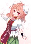  :o ahoge bad_id bad_pixiv_id bandaged_arm bandages beni_shake blush breasts bun_cover double_bun flower ibaraki_kasen large_breasts looking_at_viewer pink_eyes pink_hair red_eyes revision rose shirt skirt solo tabard touhou 