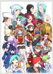  6+boys 6+girls absurdres backpack bag bangs beanie beard bike_shorts blue_eyes bow_hairband brawly_(pokemon) brendan_(pokemon) brown_hair capri_pants closed_eyes closed_mouth coat collarbone commentary_request dark-skinned_female dark_skin drake_(pokemon) facial_hair flannery_(pokemon) glacia_(pokemon) green_bag green_hair hairband hat highres jacket lisia_(pokemon) liza_(pokemon) may_(pokemon) multiple_boys multiple_girls mustache navel norman_(pokemon) open_mouth pants phoebe_(pokemon) pokemon pokemon_(game) pokemon_oras red_hairband red_shirt roxanne_(pokemon) shirt shoes short_hair short_sleeves shorts sidney_(pokemon) sleeveless sleeveless_shirt smile spiked_hair steven_stone tate_(pokemon) tongue wallace_(pokemon) wally_(pokemon) wattson_(pokemon) white_background white_footwear white_hair white_headwear white_shorts winona_(pokemon) yellow_footwear yuihico 