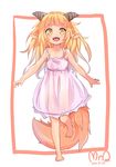  :d animal_ears bare_shoulders bbb577 blonde_hair dated dragon_girl dragon_horns dress eyebrows happy highres horns long_hair looking_at_viewer open_mouth original pink_dress pointy_ears running signature sketch smile solo sundress tail teeth yellow_eyes 