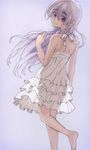  back bare_shoulders barefoot casual chaika_trabant dress frilled_dress frills hare_(haaale) highres hitsugi_no_chaika long_hair looking_at_viewer looking_back purple_eyes see-through_silhouette silver_hair smile solo sundress white_dress wind 