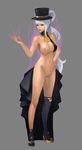  absurdres asymmetrical_clothes boots breasts collarbone dungeon_and_fighter full_body hand_on_hip hat high_heel_boots high_heels highres jayjiwoo_park lavender_hair long_hair looking_at_viewer magic medium_breasts navel necromancer_(dungeon_and_fighter) nipples nude pubic_hair pussy red_eyes simple_background skindentation solo thief_(dungeon_and_fighter) top_hat white_background 