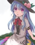  :o asa_(coco) blue_hair dress food fruit gradient gradient_background hat hinanawi_tenshi long_hair open_mouth peach puffy_sleeves red_eyes ribbon short_sleeves sitting solo touhou v-shaped_eyebrows 