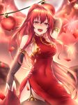  bare_shoulders breasts bridal_gauntlets china_dress chinese_clothes chinese_new_year dress elesis_(elsword) elsword fi-san fireworks garter_straps highres large_breasts long_hair open_mouth ponytail red_eyes red_hair sideboob solo thighhighs 