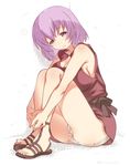  bare_shoulders blush breasts hai_to_gensou_no_grimgar highres large_breasts looking_at_viewer mudou_eichi no_socks panties pantyshot pantyshot_(sitting) partially_visible_vulva purple_eyes purple_hair sandals shihoru_(grimgar) short_hair sitting solo underwear 