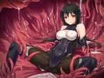  bare_shoulders bdsm black_bodysuit black_hair bodysuit bondage bound breasts cleavage covered_navel elbow_gloves gloves highres latex leotard long_hair medium_breasts midnight_(banyex) open_mouth original pantyhose red_eyes solo tentacles thighhighs very_long_hair 
