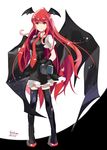  2015 amano_kenpi bat_wings black_gloves black_legwear book character_name dated full_body gloves head_wings koakuma long_hair necktie puffy_sleeves red_eyes red_hair shirt shoes short_sleeves skirt skirt_set smile solo thighhighs touhou twitter_username vest wings zettai_ryouiki 