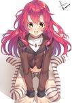  blush brown_eyes dated jacket kurimu_(yappen) long_hair long_sleeves looking_at_viewer open_mouth original red_hair shirt shorts signature sitting smile solo striped striped_legwear thighhighs very_long_hair wariza yappen 