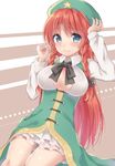  asa_(coco) blush bow braid chinese_clothes cleavage_cutout dress dutch_angle frills green_eyes hair_bow hat hong_meiling long_hair long_sleeves looking_at_viewer red_hair ribbon smile solo star touhou twin_braids 
