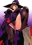  ashiomi_masato blazblue blazblue:_central_fiction blurry breasts femdom from_below hat huge_breasts konoe_a_mercury money red_hair silhouette solo thighhighs witch_hat 