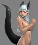  aqua_hair breasts collarbone demon_girl highres horns jayjiwoo_park large_breasts lipstick long_hair looking_to_the_side makeup navel nipples nude pointy_ears red_eyes simple_background slit_pupils solo standing tail white_background 