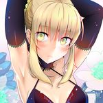  armpits arms_up artoria_pendragon_(all) black_gloves blonde_hair blush elbow_gloves fate/stay_night fate_(series) gloves lingerie looking_at_viewer rangsiwut_sangwatsharakul saber_alter solo standing underwear yellow_eyes 