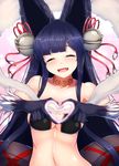  :d ^_^ animal_ears bell black_gloves black_hair blush breasts cleavage closed_eyes erune fang fox_ears fox_tail gloves granblue_fantasy hair_bell hair_ornament heart heart_hands jingle_bell large_breasts long_hair open_mouth smile solo tail tenken_(gotannda) upper_body yuel_(granblue_fantasy) 