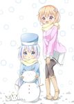  blue_eyes blue_hair brown_hair gochuumon_wa_usagi_desu_ka? hair_ornament hairclip hat highres hoto_cocoa kafuu_chino long_hair multiple_girls purple_eyes satsuki_yukimi snow snowman tippy_(gochiusa) x_hair_ornament 