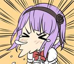  &gt;_&lt; blush chibi closed_eyes dagashi_kashi emphasis_lines flower hair_flower hair_ornament hair_ribbon hairband highres purple_hair ribbon shidare_hotaru short_hair sneezing solo tears vycma 