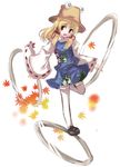  bad_id bad_pixiv_id blonde_hair chakram eyes frog hat leaf long_hair long_sleeves maple_leaf moriya's_iron_rings moriya_suwako noil_nws open_mouth ribbon shoes skirt solo standing standing_on_one_leg thighhighs touhou weapon white_legwear wide_sleeves yellow_eyes 