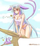  1girl animal_ears blue_hair blush bow bow_panties breasts cleavage costume dreaming espeon forked_tail gen_2_pokemon leaning_forward long_hair medium_breasts moemon multiple_tails panties personification pink_panties pokemon pokemon_(creature) sleeping solo strap_slip tail tank_top tenjou_ryuka underwear very_long_hair 