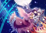  expressionless fujiwara_no_mokou full_moon hime_cut holding_hands houraisan_kaguya long_hair moon multiple_girls night no_shoes purple_hair rie_(reverie) socks touhou very_long_hair white_hair 