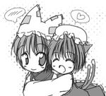 animal_ears blush cat_ears cat_tail chen closed_eyes greyscale heart hug hug_from_behind lowres monochrome multiple_girls multiple_tails open_mouth smile suzukaze_tsukasa tail touhou yakumo_ran 