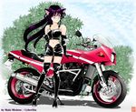  animal_ears boots cat_ears elbow_gloves gloves green_eyes ground_vehicle jewelry leather long_hair maki_michaux motor_vehicle motorcycle navel original pendant purple_hair short_shorts shorts solo thigh_boots thighhighs 