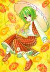  :d ascot blush floral_background flower green_hair happy jino kazami_yuuka loafers open_mouth parasol plaid plaid_skirt plaid_vest red_eyes sample shoes short_hair sitting skirt skirt_set smile solo touhou umbrella vest yellow_background 