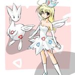  blonde_hair costume crown dress elbow_gloves gen_2_pokemon gloves long_hair lowres moemon personification pokemon pokemon_(creature) solo tenjou_ryuka togetic wings 