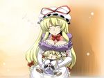 blonde_hair breast_rest breasts breasts_on_head carried_breast_rest elbow_gloves fox_tail gloves hat highres large_breasts long_hair multiple_girls short_hair tail touhou tsuki_wani white_gloves yakumo_ran yakumo_yukari younger 