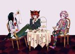  cup cupcake food formal fu_(mushibun) genderswap genderswap_(ftm) kaenbyou_rin komeiji_satori long_hair multiple_boys open_clothes open_mouth open_shirt reiuji_utsuho shirt short_hair suit teacup teapot tiered_tray touhou 