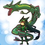  black_sclera claws costume dragon elbow_gloves fangs gen_3_pokemon gloves green_hair hitec long_hair moemon open_mouth personification pokemon pokemon_(creature) rayquaza red_eyes very_long_hair 