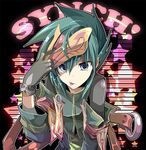  :p blue_eyes character_name fruit_punch gloves green_hair male_focus mask solo star sync tales_of_(series) tales_of_the_abyss tongue tongue_out 