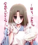  apron bad_id bad_pixiv_id blush bowl brown_eyes brown_hair feeding food izumiya_otoha japanese_clothes kara_no_kyoukai kimono open_mouth pov_feeding ryougi_shiki solo spoon 