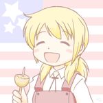  american_flag blonde_hair closed_eyes flag_background food hidamari_sketch long_hair lowres miyako school_uniform smile solo toono_ayaori 