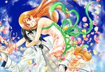  1girl :d arrancar bad_id bad_pixiv_id black_hair bleach dress espada flower green_eyes inoue_orihime long_hair open_mouth orange_eyes orange_hair smile tomuomi ulquiorra_cifer white_skin 