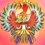  beak bird blonde_hair blurry brown_eyes choker costume gen_2_pokemon hitec ho-oh moemon open_mouth personification pokemon pokemon_(creature) thighhighs wings 