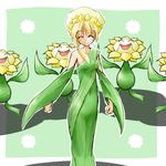  bare_shoulders blonde_hair closed_eyes costume detached_sleeves dress flower gen_2_pokemon hair_flower hair_ornament leaf lowres moemon personification pokemon pokemon_(creature) ponytail solo sunflora tenjou_ryuka 