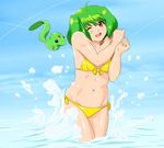  ai-kun alien bikini blush brown_eyes fang green_hair macross macross_frontier pet ranka_lee shiny shiny_skin short_hair shu-z solo splashing swimsuit vajra wading water wince 