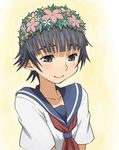  black_eyes black_hair blush face flower haganemaru_kennosuke hair_ornament sakugawa_school_uniform school_uniform serafuku short_hair smile solo to_aru_kagaku_no_railgun to_aru_majutsu_no_index uiharu_kazari 