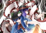  back-to-back blue_hair hat hinanawi_tenshi hullzion long_hair multiple_girls nagae_iku purple_hair red_eyes shawl sword sword_of_hisou touhou weapon 