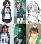  6+girls asian comedy cosplay funny glasses japanese looking_at_viewer monochrome multiple_girls photo real skirt skirt_lift smile 