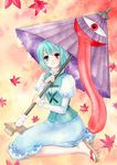  6kusa acrylic_paint_(medium) bad_id bad_pixiv_id blue_eyes blue_hair geta heterochromia karakasa_obake purple_umbrella red_eyes sandals short_hair solo tatara_kogasa tongue touhou traditional_media umbrella watercolor_(medium) 