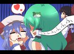  :d =_= akatoro_(nightlord) ascot black_hair blue_hair bow commentary detached_sleeves fangs fingersmile frog green_hair hair_bow hair_tubes hakurei_reimu hat heart kochiya_sanae letterboxed multiple_girls open_mouth remilia_scarlet sideways_mouth smile spoken_heart tears touhou 